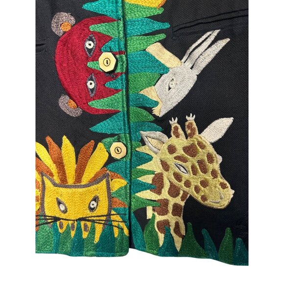 Anage Black Jungle Animal Embroidered Jacket L 100% Cotton - Picture 3 of 7